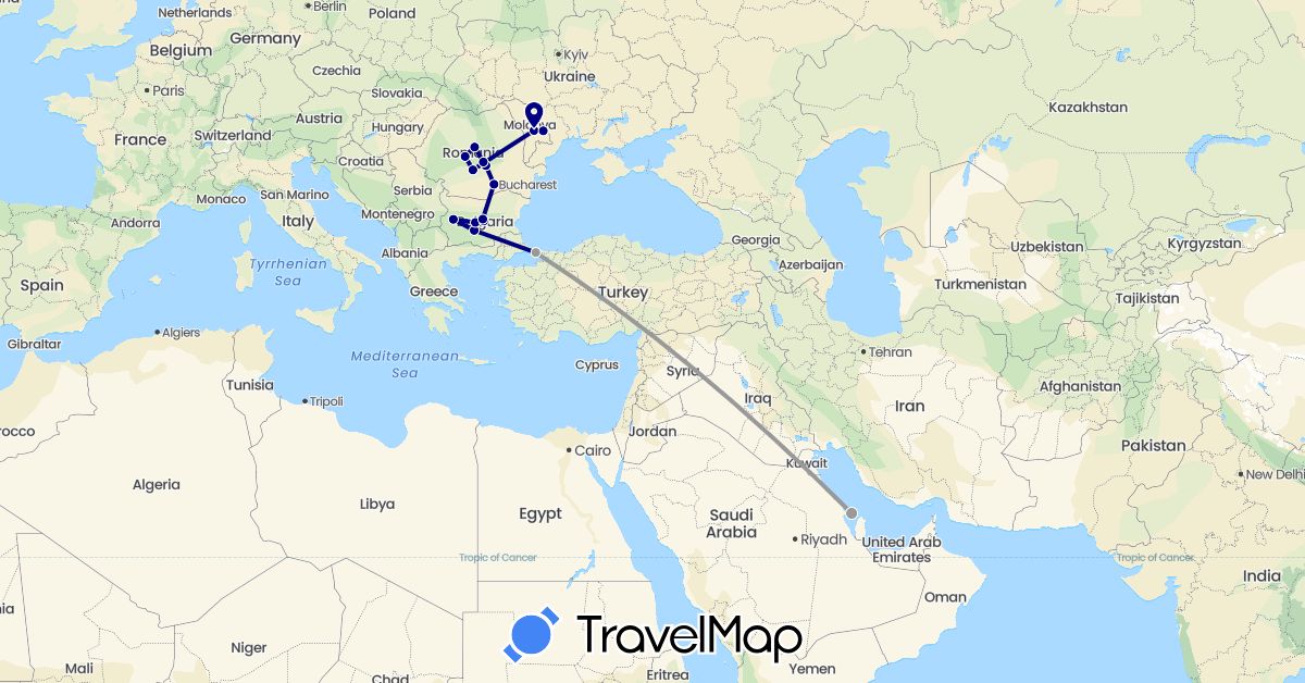 TravelMap itinerary: driving, plane in Bulgaria, Bahrain, Moldova, Romania, Turkey (Asia, Europe)